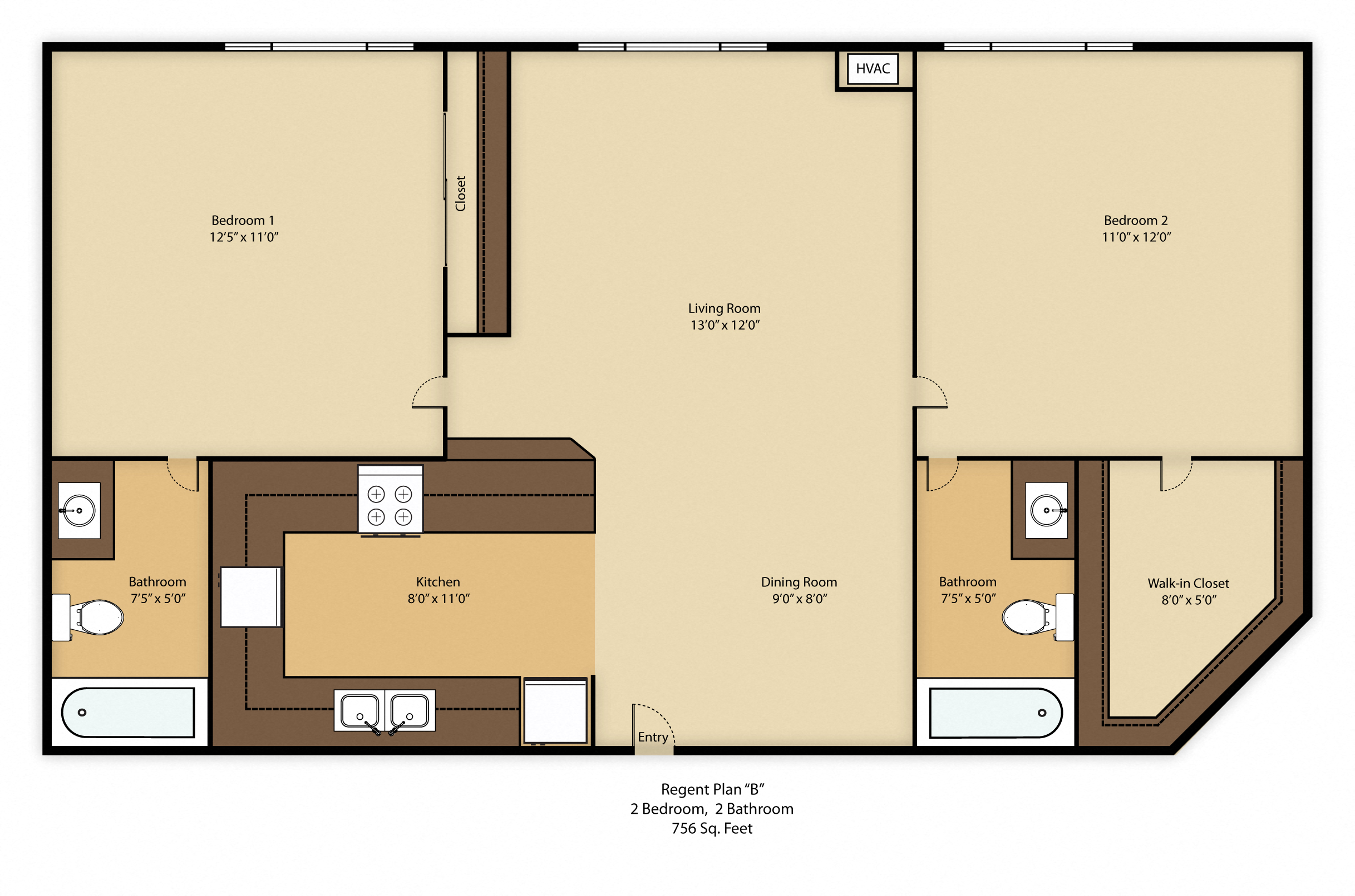 Floor plan for 2 beds, 2 baths, 1080 sqft